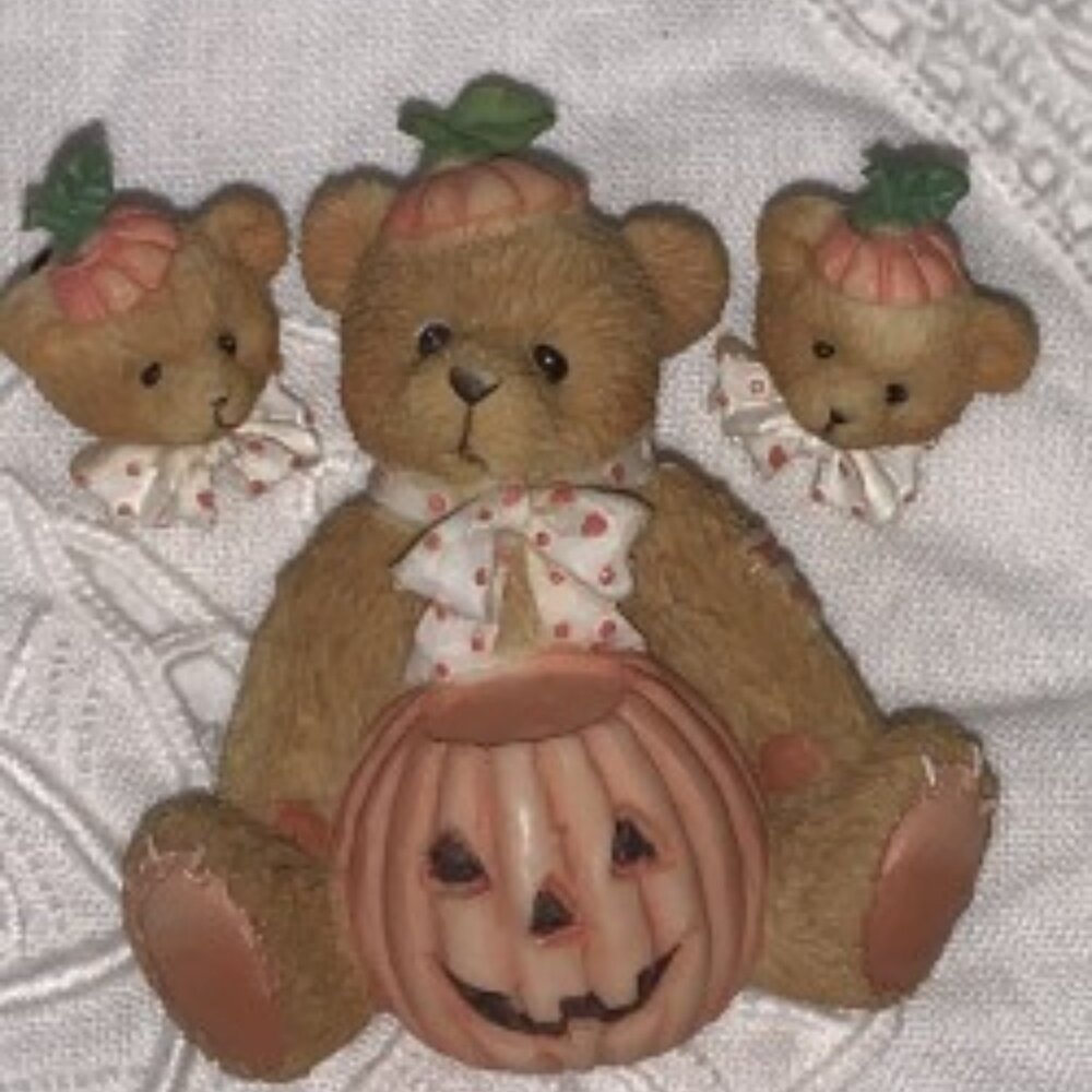 Vintage Cherished Teddies Pumpkin Brooch & Earring Set 🎃🐻